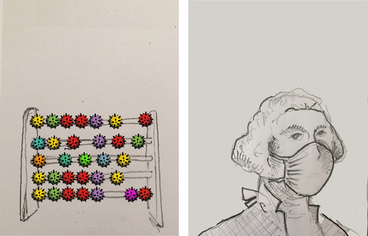 Here's the 1st approved sketch (possibly). The abacus is a bit easy to spot for some. For centuries, it has represented the idea of calculations. And those colorful viruses adorning it need no introduction. There is George Washington with a mask. That man on the US dollar, eh.