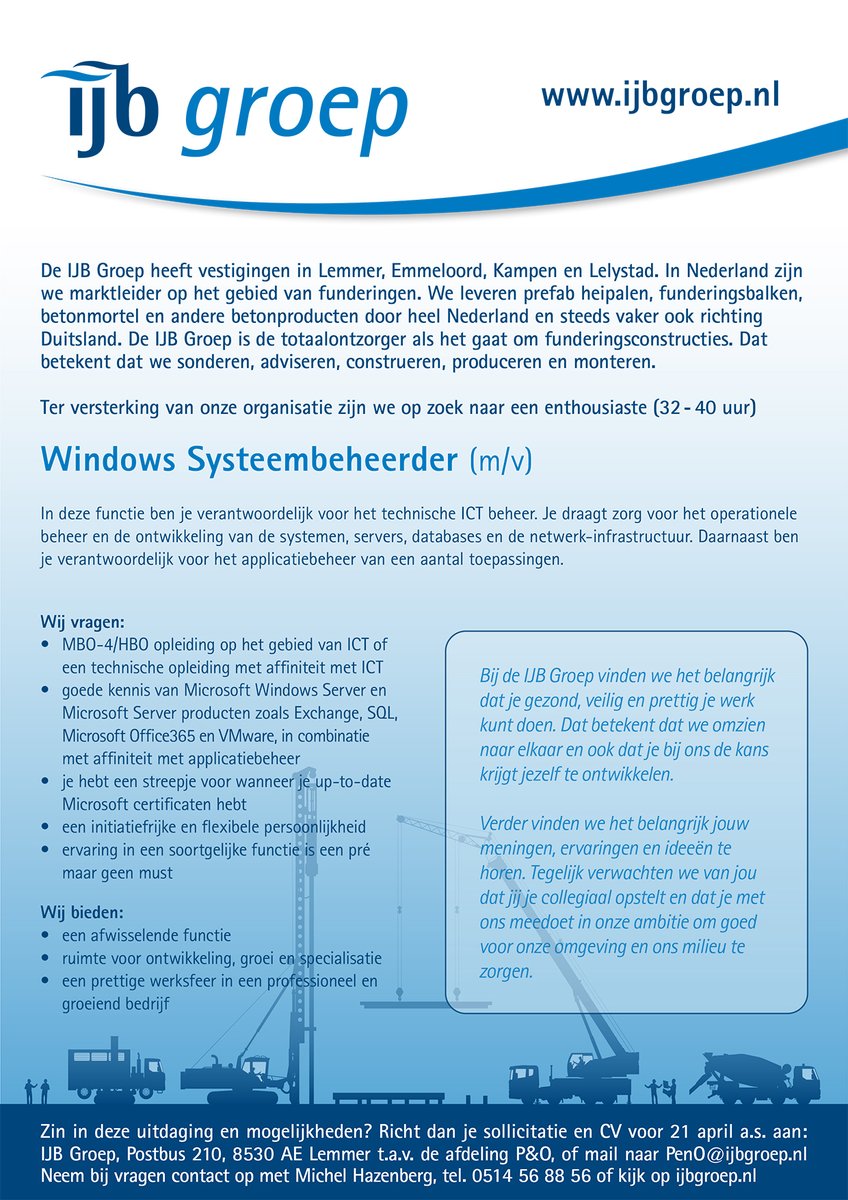 Wij zoeken een Tekenaar, verantwoordelijk voor vertaling van ontwerpen naar uitvoerings- en productietekeningen en een Windows Systeembeheerder, verantwoordelijk voor het technische en operationele ICT beheer: ijbgroep.nl/ijb-groep/werk…