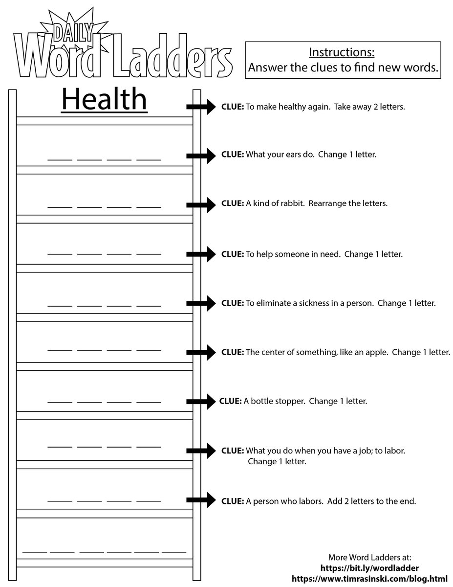 TimRasinski1's tweet photo. Today's printable Word Ladder lesson salutes World Health Worker Week.

Please retweet for other teachers &amp; parents to use with students. #wordladders @weareteachers @PBSteachers @educationweek @HuffPostEdu @EdWeekTeacher @JennaBushHager @ehanford https://t.co/pN4mRJR2wZ