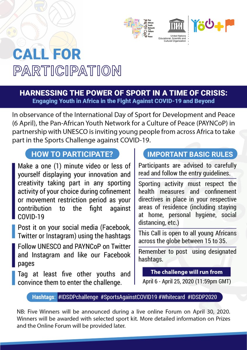africanyouth4peace.org/2020/04/06/pay…

Join our sports challenge

#COVID19 #StayAtHome #YouthPower #olympics2021 #Olympics2020 #IDSDPchallenge #SportsAgainstCOVID19 #Whitecard #IDSDP2020