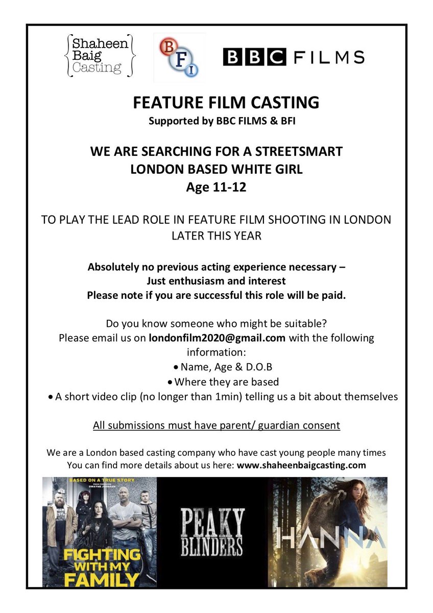 We are searching for a brilliant streetsmart #London girl aged 11-12 for a feature film this year. Great talented team involved and wonderful #opportunity More details on flyer attached. PLS RT and help spread the word. Thank you🤞🏽#casting