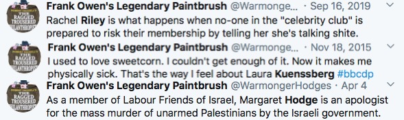 3/4 Corbynist antisemites are often abusive misogynists, and Mitchell personifies this premise. He obsessively targets and demonises Jewish women like  @rachelrileyrr,  @bbclaurak and  @margarethodge as he sees them as principal movers in the downfall of his hero  @jeremycorbyn.