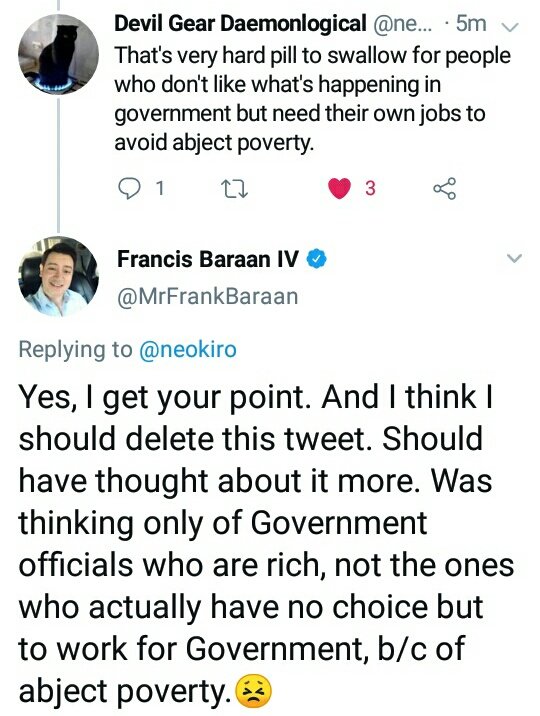 I deleted my tone-deaf tweet calling critical gov't employees who still work for govt—hypocrites.Some—the poor/middle-class breadwinners—just don't have a choice. All they have is the courage of their convictions. For that, they must be commended & celebrated.PAUMANHIN PO.