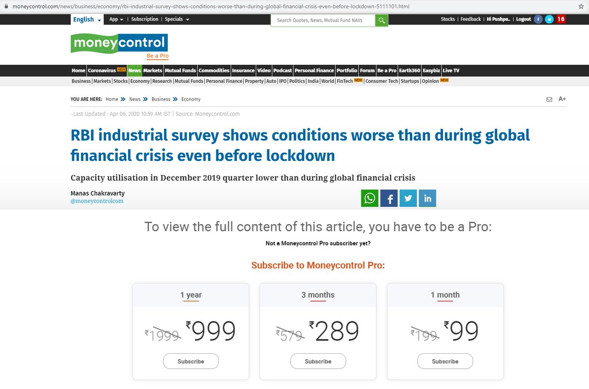 Hey fraud  @moneycontrolcom I am holding premium pro account but still not able to read premium news.After reading this thread only a fool can subscribe for  #mc pro. #StockMarketCrash2020  #stocks  #Equity4Life  #Nifty  #BankNifty  #India  @CNBCTV18Live  @ZeeBusiness  @rachana_ranade