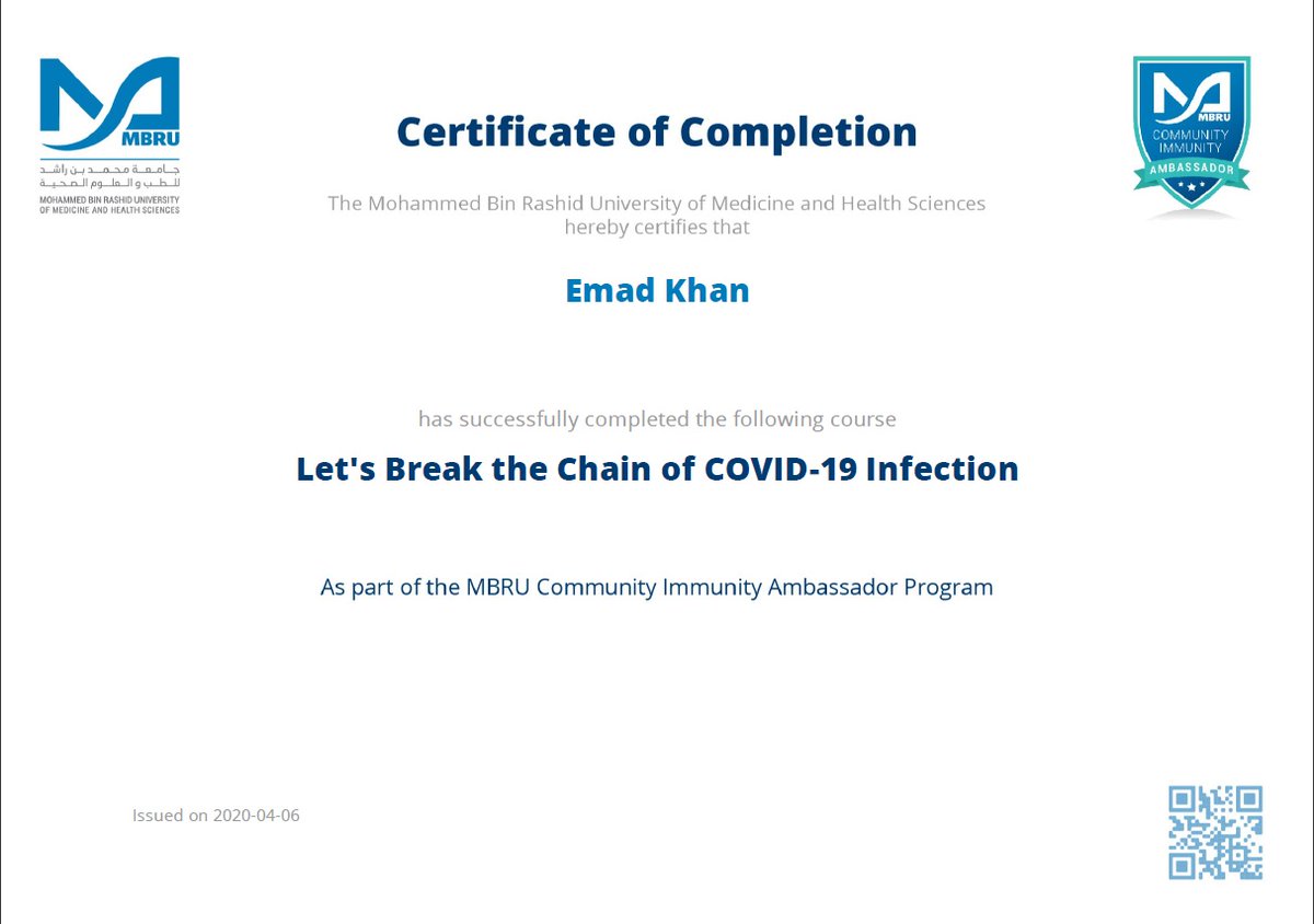 emadresak's tweet photo. I am now an #MBRUCommunityImmunity Ambassador. I am responsible to protect myself and my community from #COVID-19. I challenge (tag 3 friends/family) to take the course. https://t.co/Y1Fzj9UorS https://t.co/FMuRgHi2qx