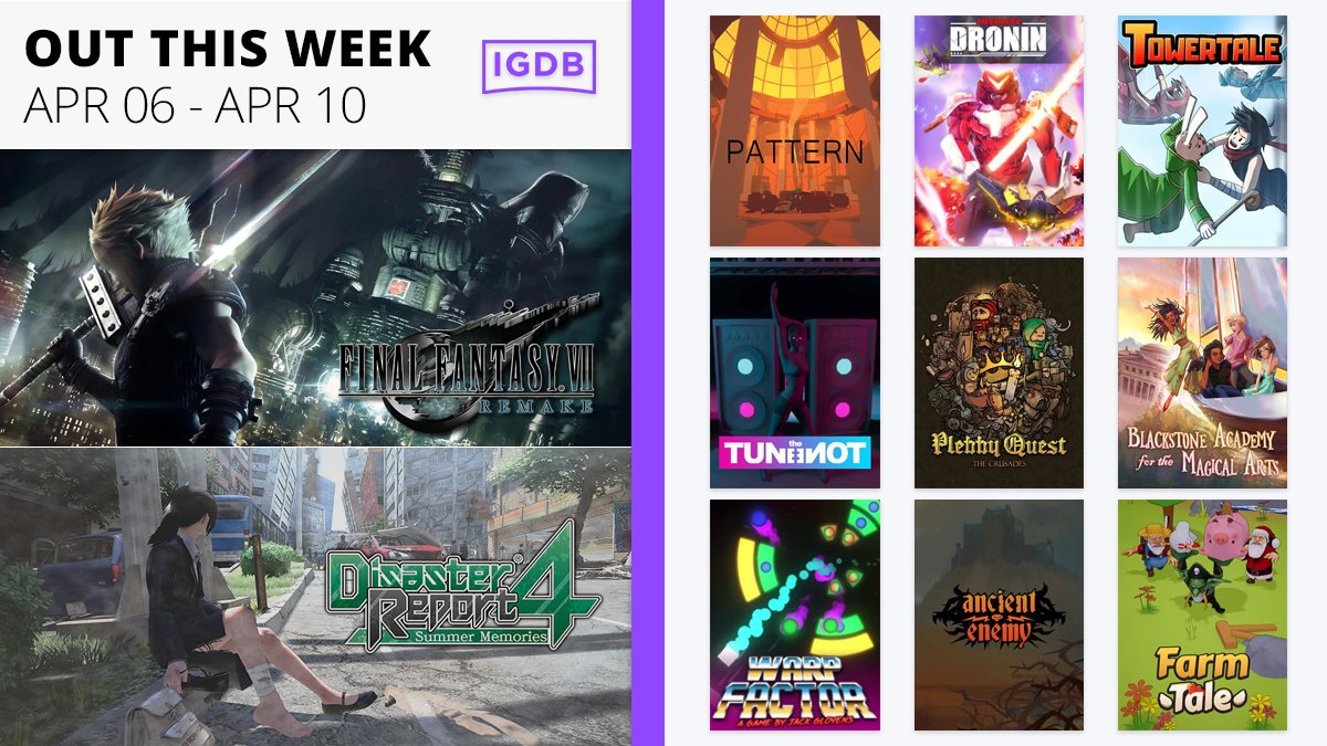 IGDBcom's tweet image. Games coming out this week! 🌸🌸🌸
-
Final Fantasy VII Remake 
next.igdb.com/games/final-fa…

Disaster Report 4: Summer Memories
next.igdb.com/games/disaster…

More
next.igdb.com/games/coming_s…
-
#FinalFantasyVIIRemake #DisasterReport4