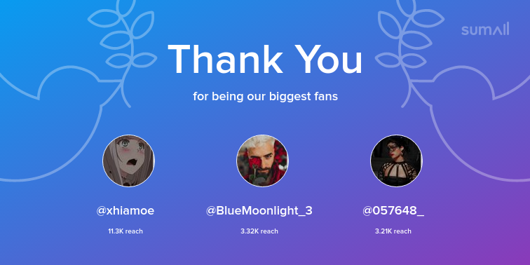 Our biggest fans this week: xhiamoe, BlueMoonlight_3, 057648_. Thank you! via sumall.com/thankyou?utm_s…