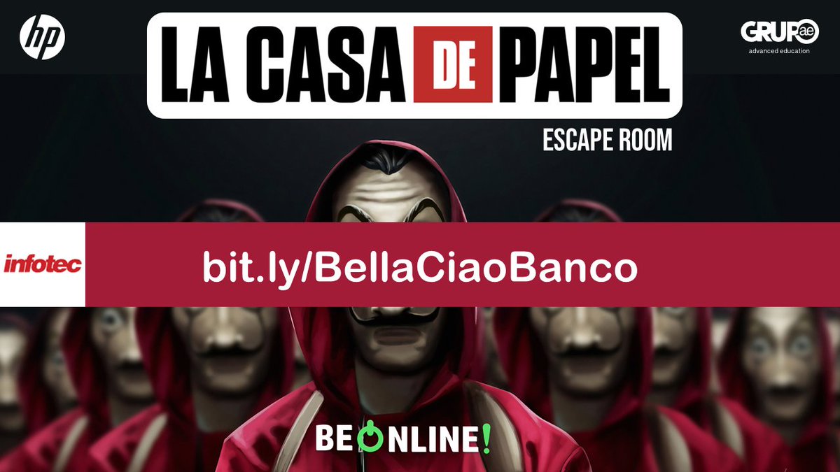 solutiaedu's tweet photo. 📢¡Nuevo reto #EscapeRoom, con ayuda de @Infotec_Navarra! 
¿Eres un verdadero partisano? Ayuda como uno más a escapar a los miembros de @lacasadepapel ¿Eres un Maserati o un 600? #BellaCiaoBanco 
Únete al estilo #BeOnline #LCDP4  @HPEspana  https://t.co/CeSPPcOryR https://t.co/F4SN0w7Fan