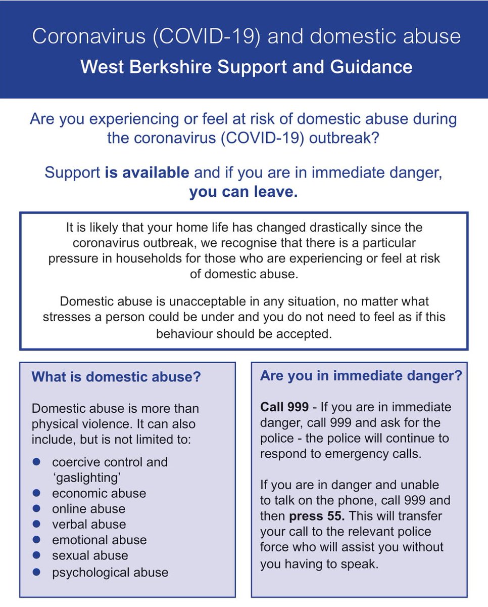 Support and guidance has been created for those that are experiencing domestic abuse during #COVID19. For a full version of this guidance including links to support services please follow the link below.
info.westberks.gov.uk/CHttpHandler.a… …