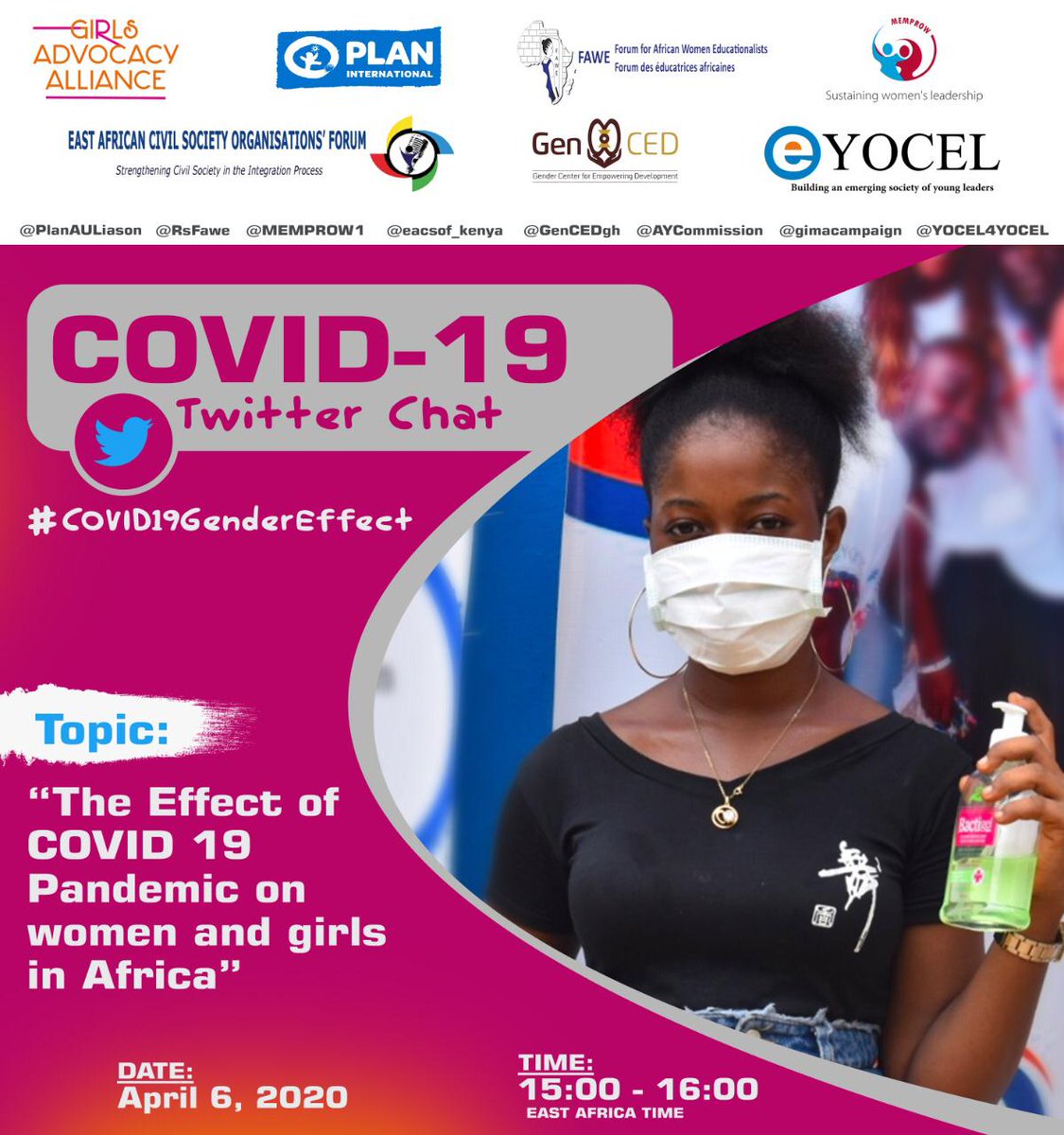 FAWEAfrica's tweet photo. Here are our panelists #Twitter handles for your following @MarthaMuhwezi @vanyaradzayi @MercyJuma_ @snorgah @otieno702003 
Remember to join the #TwitterChat on " The Effect of COVID-19 Pandemic on women and girls in Africa" using the hashtag #COVID19GenderEffect at 1500-1600 EAT https://t.co/UJ6Kwr1x9h