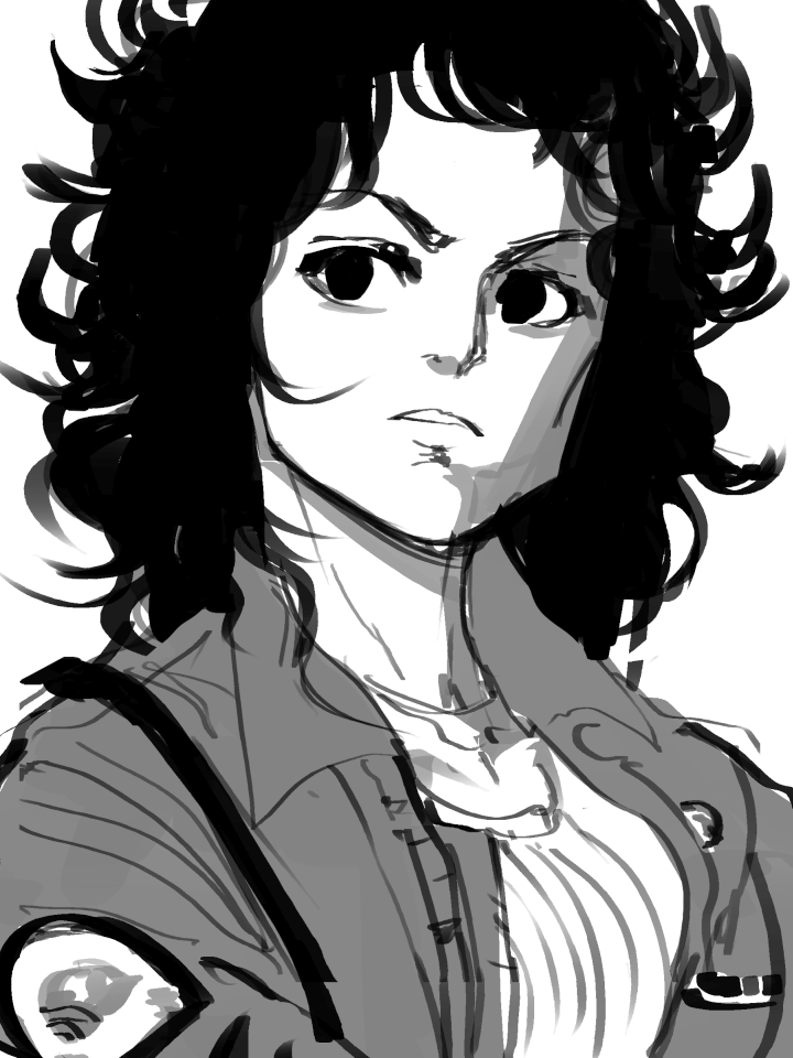 first two parts of #SixFanarts 

ellen ripley and doomguy 