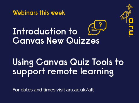 AngliaLTA's tweet photo. Today &amp; throughout the week Kate Outhwaite is hosting 1-hr webinars on An Introduction to Canvas New Quizzes, &amp; Using Canvas Quiz Tools to support remote learning. See dates &amp; times: https://t.co/S7PgElQrTr Email to book on alt@aru.ac.uk @KateO1012 @ARU_ITSNews @drjamestrueman https://t.co/1PXbwbm4nX
