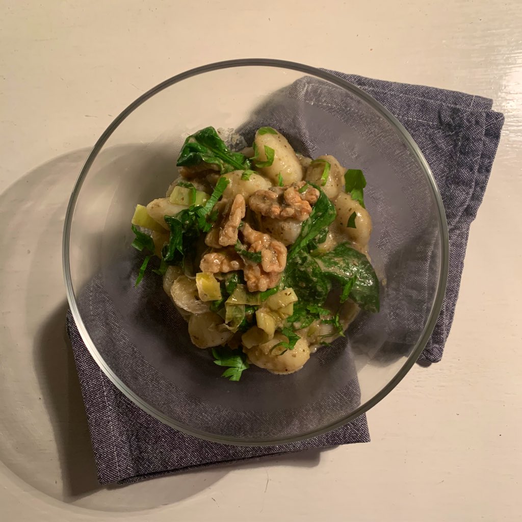 this is gnocchi w caper pesto but i also chucked in some spinach and toasted walnuts