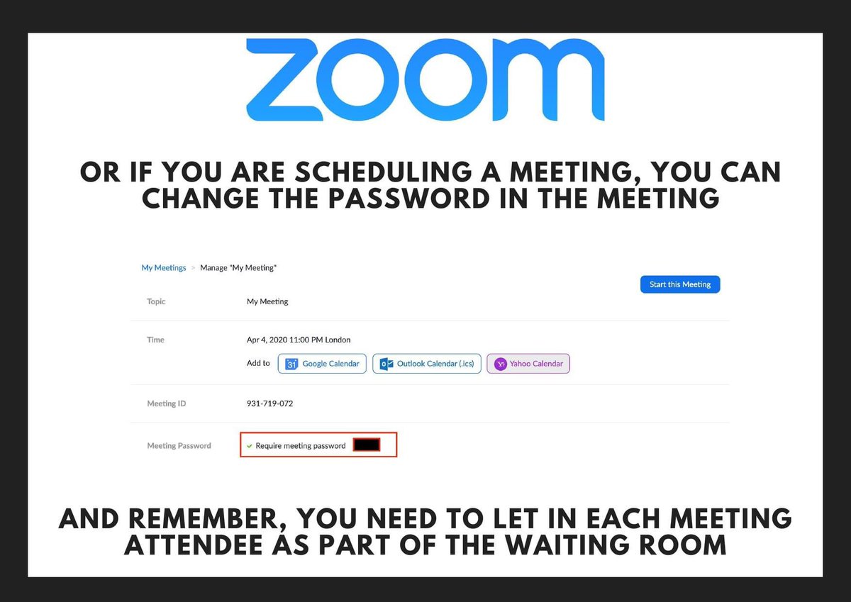 Mos_sy's tweet photo. #ZoomSecurityUpdate
#Zoom had an update over the weekend and ALL calls now are password protected and waiting rooms have been enabled.
This is stop Zoombombing! And you can’t turn this off.
Make sure you give your clients/family the password before joining calls. https://t.co/i5bm4q0ruB