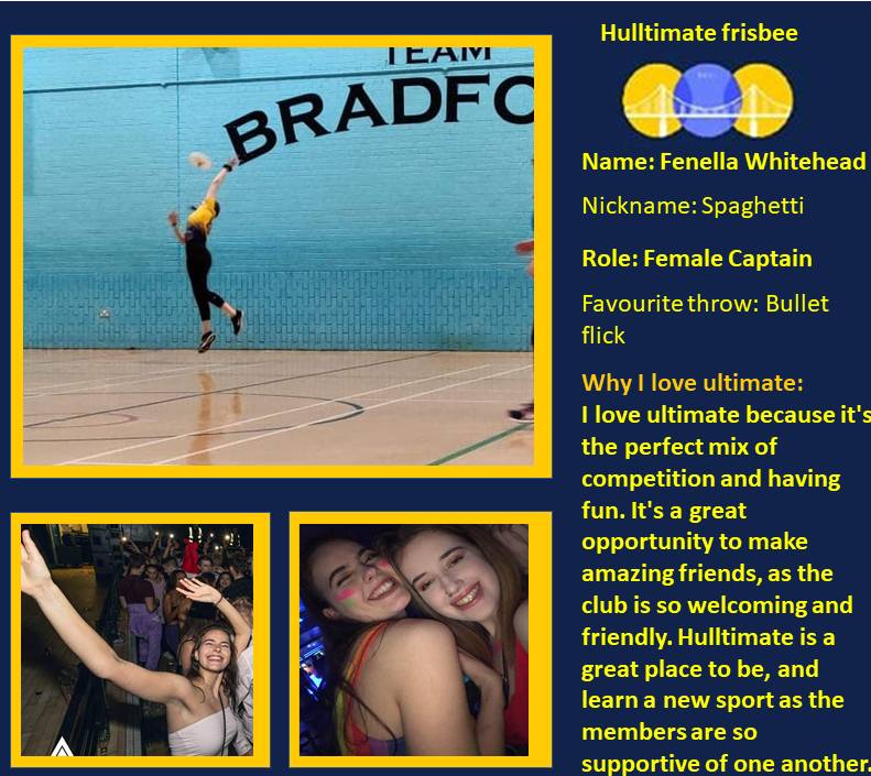 Introducing the committee: Women's Captain
The captians are in charge of organizing and running training sessions, and leading the club in games.

#hulluni #hullsport #ultimatefrisbee