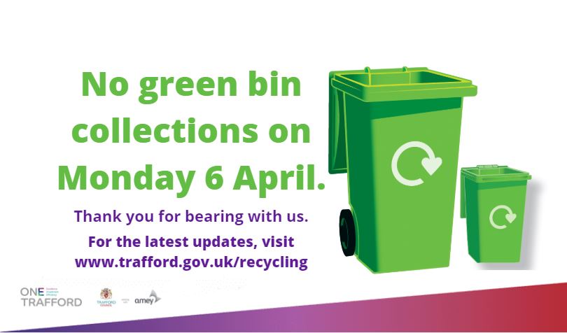 OneTrafford's tweet photo. Unfortunately due to an increased number of staff self-isolating over the weekend, green bins will not be collected today - 06/04. If your green bin is scheduled today, please bring it back in as we are unable to return.

For full detail visit https://t.co/mt4qPpGNQp #Covid_19 https://t.co/ep8XudImh3