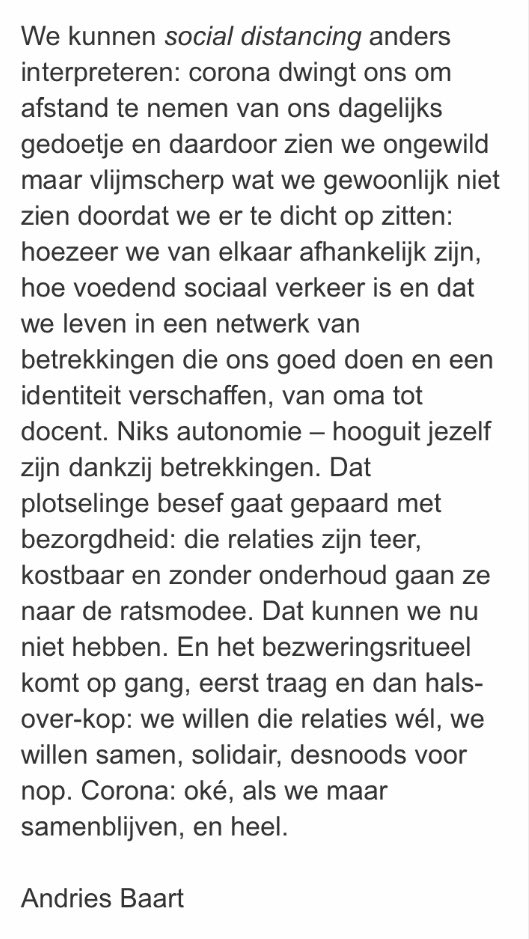 Andries Baart, slaat de spijker, zoals ook de afgelopen decennia, weer eens vol op de kop.
“<a href="/Presentie/">Stichting Presentie</a> in coronatijd”
Graag als fundament ook voor de sámenleving ná coronatijd.
Lees en deel dit, lieve mensen. Beter dan dit wordt het niet...