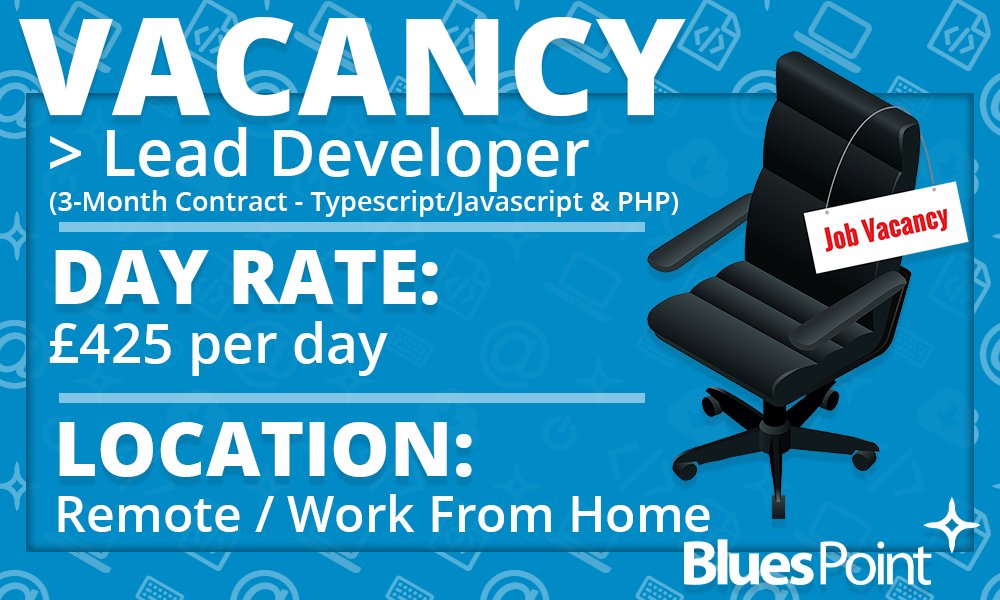 BluesPoint's tweet photo. VACANCY - Lead Developer (3-Month Contract - Typescript / Javascript & PHP)
Location: Remote / Work From Home
Day Rate: £425 per day
Learn more and apply here: https://t.co/9hSlCxw8x5
#RemoteJobs #RemoteITRoles #DevJobs #DevRoles #LeadDev https://t.co/sdNdepo27A