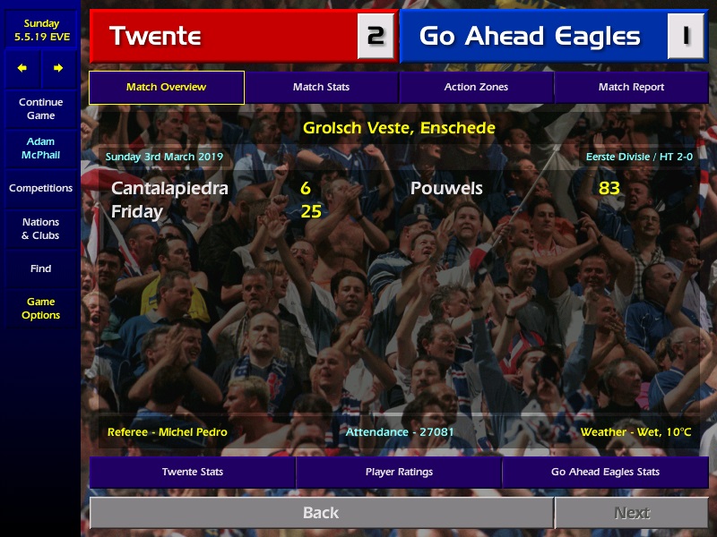 ...The Eagles unbeaten run ends in March in Enschede as Twente run out 2-1 winners at The Grolsch Veste. They return to winning ways a week later though, with a 4-2 win at home to NEC. Top scorer Maurice Exslager bagging all of the Deventer sides goals.   #CM0102