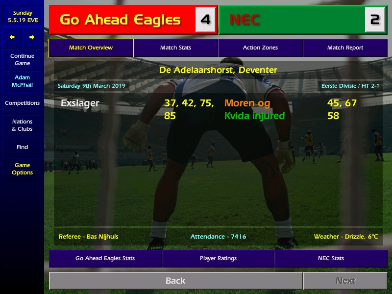 ...The Eagles unbeaten run ends in March in Enschede as Twente run out 2-1 winners at The Grolsch Veste. They return to winning ways a week later though, with a 4-2 win at home to NEC. Top scorer Maurice Exslager bagging all of the Deventer sides goals.   #CM0102