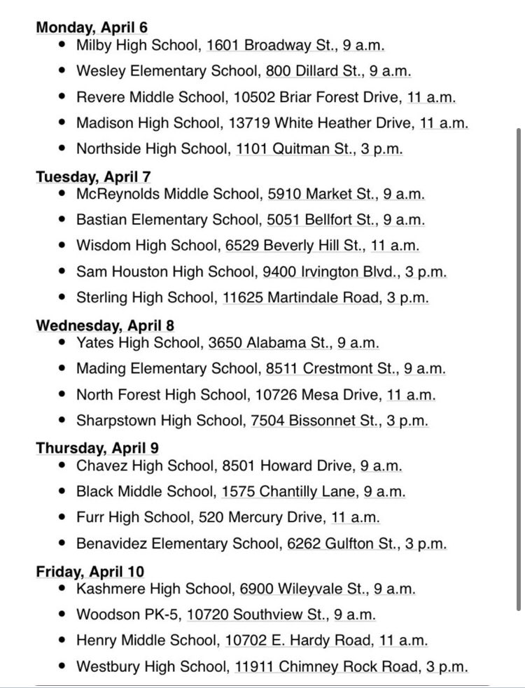 180DWC's tweet photo. 🍏🥐🍉🥬🥩🌽🥑🍒🍆🍤🍞
REMINDER: Today is the first day of HISDs relaunch of food distributions. It is suggested to get in line early as the line tends to get extremely long fast. Locations and times are listed below: https://t.co/aKbm4iiX79