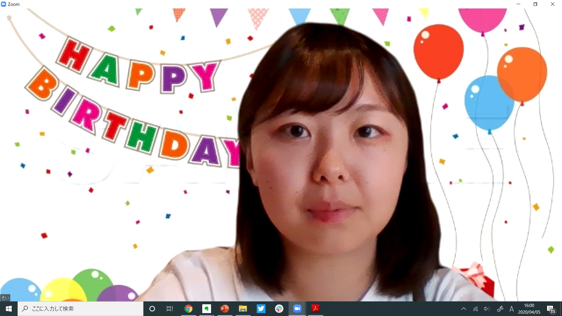 Twitter 上的 そい さとのば大学 今日 上司の誕生日だったので祝いたい気持ち満々で前日からバーチャル背景を仕込んでいたのだけれど いざミーティングになってみたらやってたのわたしだけだったので わたしが誕生日みたいになってワロタ ハッピー野郎 ちなみに