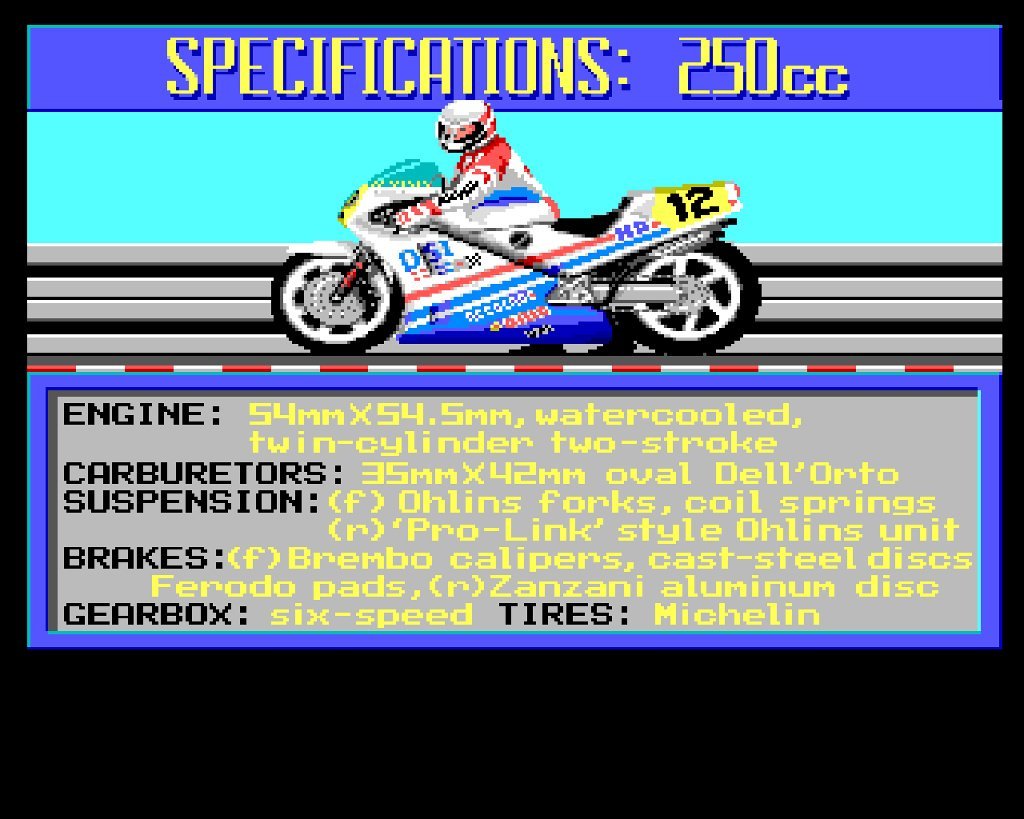 7. The Cycles: International Grand Prix RacingDe los mismos desarrolladores que el anterior, sacaron un año después (1989) su versión de motos. Imagino que reutilizaron todo y solo cambiaron un poco el formato.Recuerdo que venía incluso el circuito de Jarama