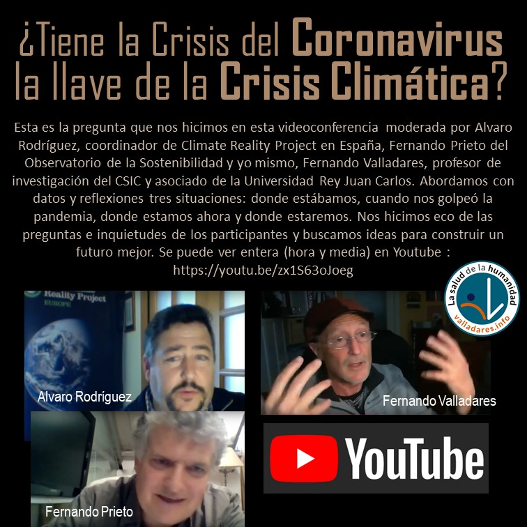 FernandoVallada's tweet photo. Buscando en la crisis del Coronavirus las claves para la crisis climática. Esto nos llevó hace unos días a una reflexiva videoconferencia sobre el antes, el durante y el después de la pandemia. https://t.co/TgYsLSI5FD
#valladaresinfo #saludhumanidad #coronavirus #CambioClimatico https://t.co/OKB8g88Qv6