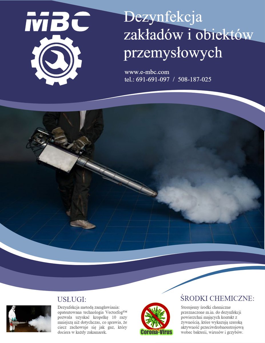 TechMBC's tweet image. Świadomi aktualnych zagrożeń oraz potrzeb zapewnienia ciągłości dostaw, nasze zespoły MBC i MBC Tech, wyposażone są w urządzenia do dezynfekcji metodą zamgławiania. Wszystkie usługi serwisowo-techniczne wsparte są dodatkową usługą dezynfekcji części lub całości zakładu.
