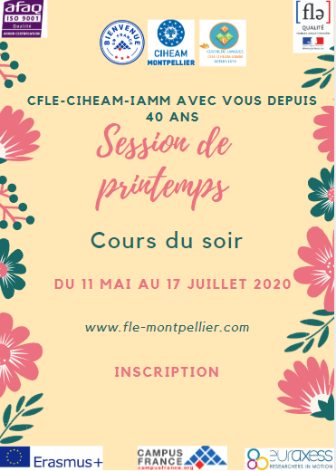 CIHEAMIAMM's tweet photo. Le #CFLE-CIHEAM Montpellier reporte la session de printemps de #cours du soir de #français ⚠️ Elle aura lieu:
⏭ du 11 mai au 17 juillet 2020.
Inscrivez-vous en ligne et restez en sécurité!
📑 https://t.co/czCdtQsWGU

#apprendreFR #FLE #French #learnFR #aprenderFR   #covid19 https://t.co/xG6TkNsVIZ