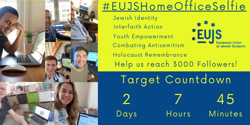 EUJS's tweet photo. 📸😃#EUJSHomeOfficeSelfie😃📸

💪Now under 60 #followers to go!

✡️Help EUJS #passover 3,000 followers by #Pesach!

🐦Tweet us a #selfie of you at your #HomeOffice using the hashtag #EUJSHomeOfficeSelfie and celebrate you doing your part to #FlattenTheCurve!

#EUJStaysHome https://t.co/ezkkqqj2tK