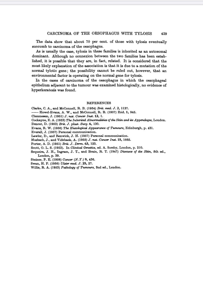 PerelmansPearls's tweet photo. Today’s #MedHxMonday is the 1st in #April ➡️#EsophagealCancerAwareness month let’s look back at #Howel–Evans syndrome aka #Tylosis w/ #EsophagealCancer described in 🇬🇧 1958 (19page paper <15 ref!)
1. Rare, AD, RHBDF mutation Ch17
2. 95% get EC by 65yo
3. EGD screening suggested https://t.co/D0tRV1OBvn