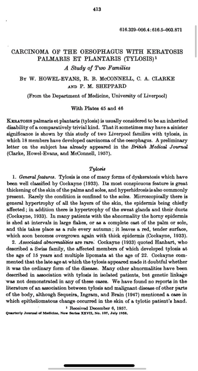 PerelmansPearls's tweet photo. Today’s #MedHxMonday is the 1st in #April ➡️#EsophagealCancerAwareness month let’s look back at #Howel–Evans syndrome aka #Tylosis w/ #EsophagealCancer described in 🇬🇧 1958 (19page paper <15 ref!)
1. Rare, AD, RHBDF mutation Ch17
2. 95% get EC by 65yo
3. EGD screening suggested https://t.co/D0tRV1OBvn