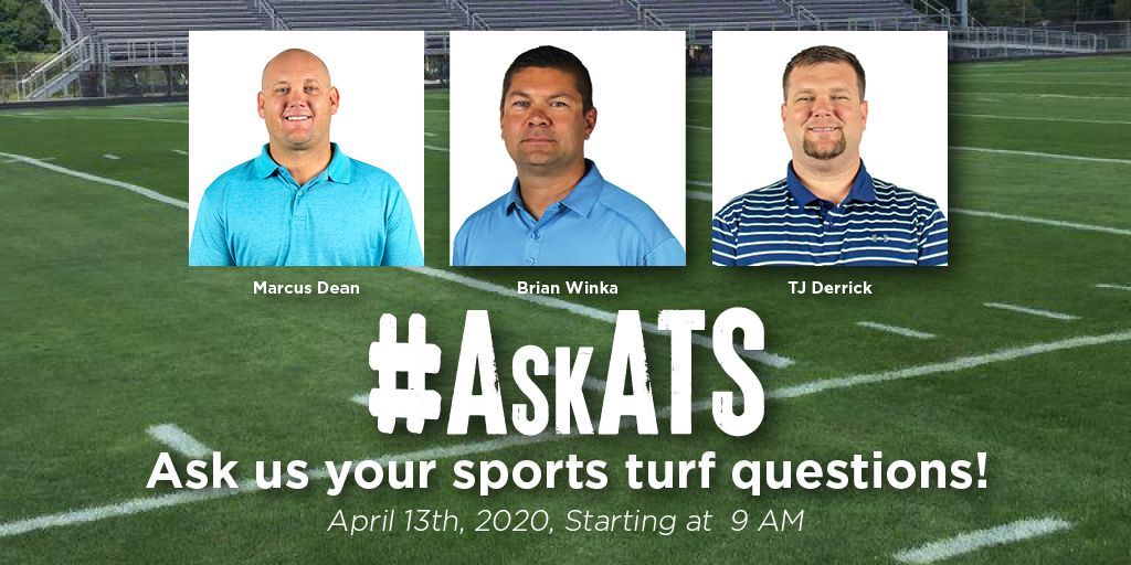 ATSSportsTurf's tweet photo. Have questions about maintaining sports turf or something else sports turf-related? Ask us your questions with the hashtag #AskATS on April 13th (9 AM - 9 PM) and our Sports Turf Reps @bwinka, @kysteeler, and @TJ_Derrick1 will answer them in a blog we will post on April 16th. https://t.co/YGyZnRnnOO