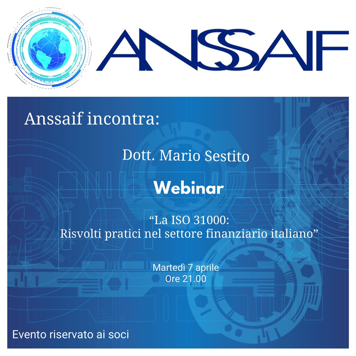 anssaif_ass's tweet photo. #Anssaifincontra nell’ambito del Corso ISO31000 #webinar con il Dott. Sestito #Anssaif #corsi #giovani #Iso31000 https://t.co/ncb9Fgz2Xq