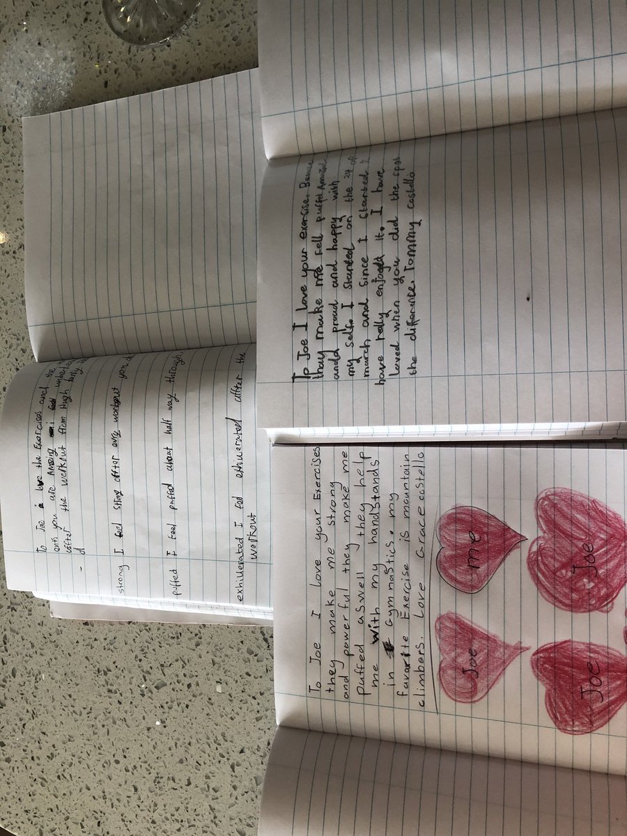 fgcostello's tweet photo. #PEWithJoe thanks for helping to inspire the kids to write about their love of exercise! Makes my home schooling a little easier! https://t.co/BMPIE28zYE