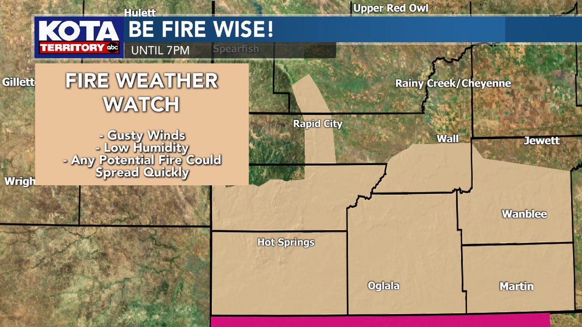 KOTAWeather's tweet photo. We have #FireWeather watches in effect for southwest SD &amp; the southeastern foothills (including Rapid City). Dry conditions &amp; gusty winds could easily start a fire, so be #FireWise today! #sdwx #KOTAWeather https://t.co/MBP7MYQkHy