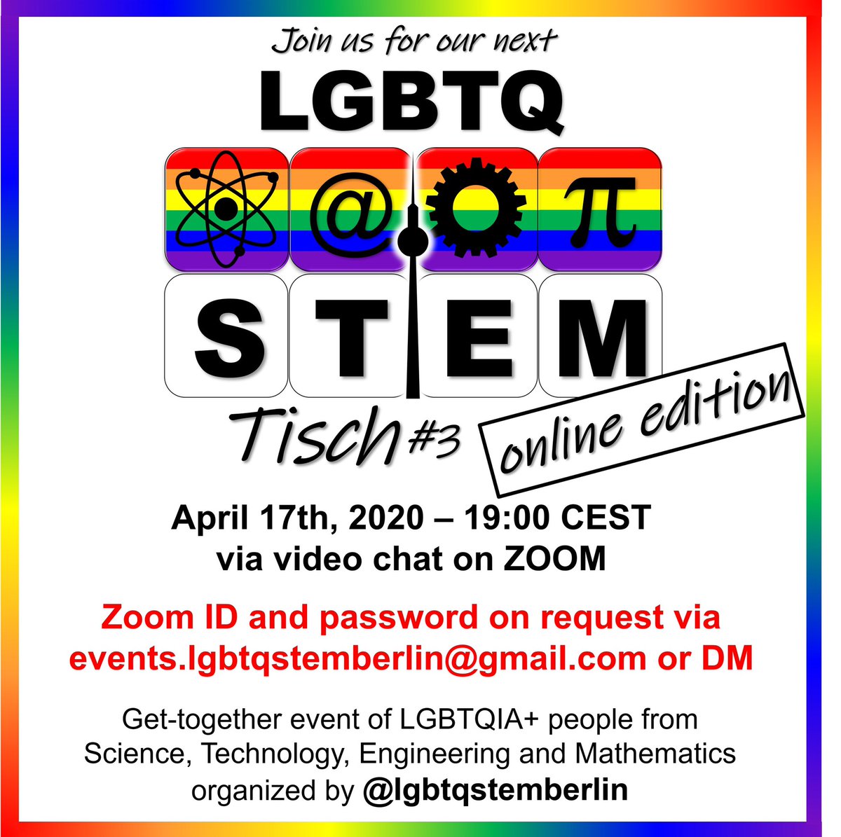 lgbtqstemberlin's tweet photo. Yeah, will have LGBTQ STEMtisch #3 as an #online 🧑‍💻event! 🏳️‍🌈 

Register 🔖 via events.lgbtqstemberlin@gmail.com 📧 or DM for Zoom meeting ID and password.

#lgbtqstem #lgbtstem #lgbtqstemberlin https://t.co/U9PH8cl4BW