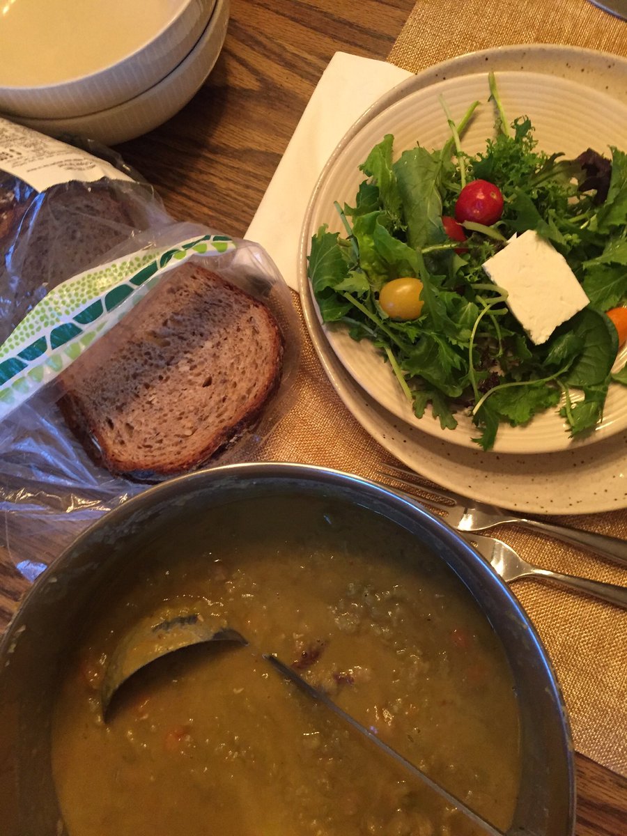 Thick pea soup served with  @WholeFoods bread and a feta topped salad from  @DogwoodFarmsNJ.