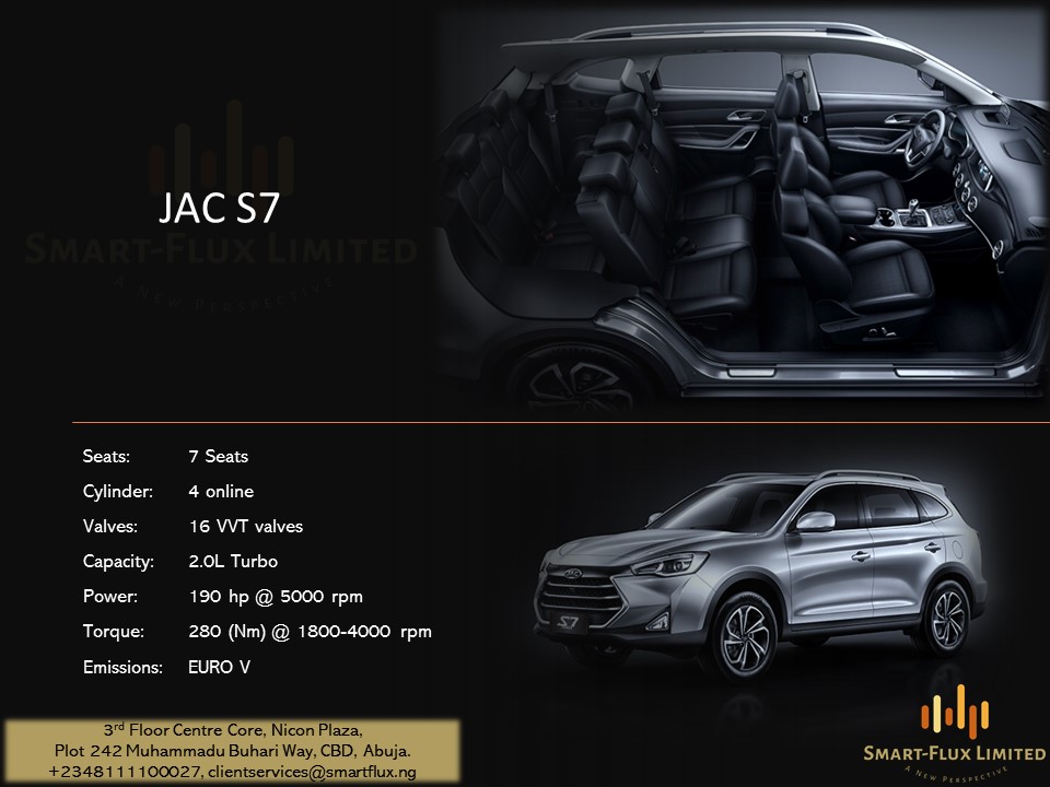 SmartFluxLtd's tweet photo. The 7-Seater JAC S7 offers a pleasant experience surrounded by luxury, security and comfort as every detail has been thought to perfection.
#JACS7 #innovation #luxury #comfort #security https://t.co/EoVma5ehUW