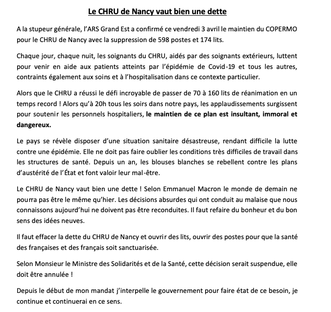 CarolineFiat54's tweet photo. Retrouvez mon communiqué concernant l'avenir du #CHRU de #Nancy @olivierveran @ars_grand_est https://t.co/V1lLGbJmhv