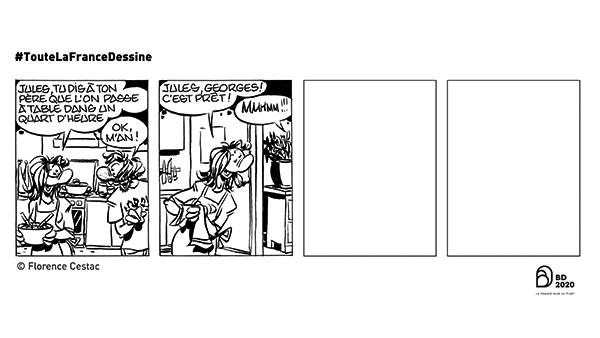 2020anneeBd's tweet photo. Créez chaque semaine une BD avec vos auteurs préférés !

Florence Cestac, marraine de #BD2020, ouvre le bal. 
Poursuivez l'histoire en dessinant les cases vierges 💭

Et partagez vos créations avec le mot-dièse #Toutelafrancedessine 

À vos crayons ✏️
➡️https://t.co/9L5DiaEqUN https://t.co/wQmIFmH9d9