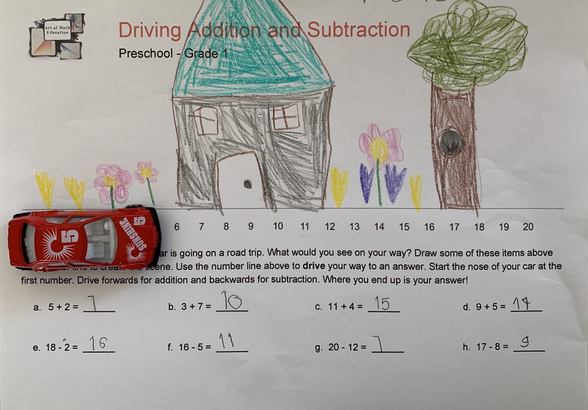ArtOfMathEd's tweet photo. Road trip number line! Preschool-Gr 1. Draw a scene along your road. Answer addition and subtraction questions using a car or other vehicle to help drive you to the answer! Visit https://t.co/hxrHwmzADY for FREE handout #ArtOfMathEd #ArtOfMathEdSee #art #math #LearnAtHome https://t.co/duK9qKhxLG