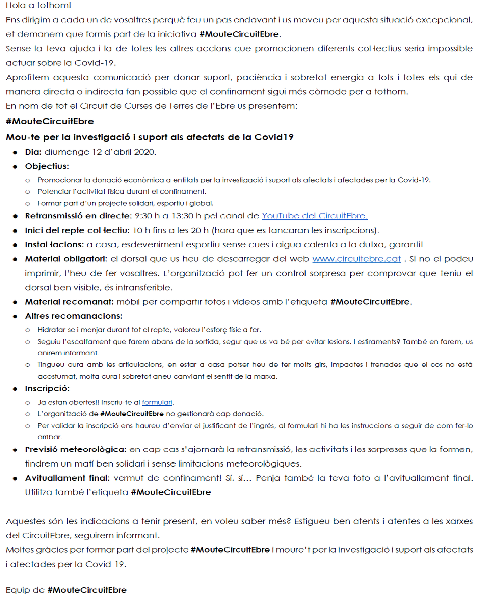 ➡️#MouteCircuitEbre⬅️
📅12 d'abril
🕦10h a 20h
📹En directe de 9.30h a 13.30h a YouTube Circuit Ebre
📋Inscripcions: circuitebre.cat
‼️Requisits: fer un donatiu a alguna entitat
#️⃣ #MouteCircuitEbre #YoMeCorono #QuedatACasa #JoActuo