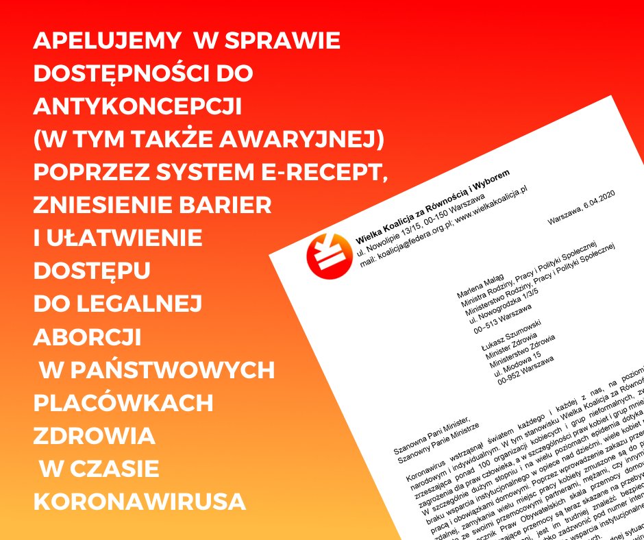 ❗️My, 100 organizacji kobiecych i nieformalnych pod szyldem WKRW apelujemy  w sprawie dostępności do antykoncepcji (w tym także awaryjnej) poprzez system e-recept, zniesienia barier i ułatwienia dostępu do legalnej  aborcji w państwowych placówkach zdrowia  w czasie koronawirusa.