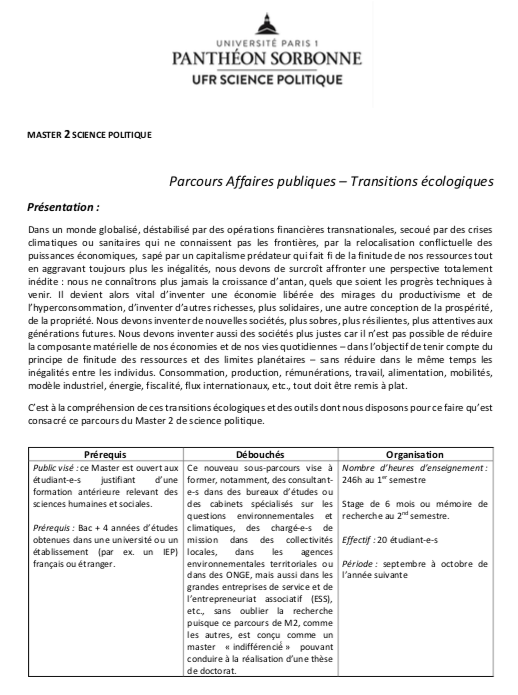 A l'université <a href="/SorbonneParis1/">Université Paris 1 Panthéon-Sorbonne</a> nous avons créé juste avant le début du confinement un M2 de science politique consacré aux transitions écologiques (qui débute en septembre). Dans les conditions actuelles, difficile de faire de la pub... Vous m'aidez avec un RT massif ?