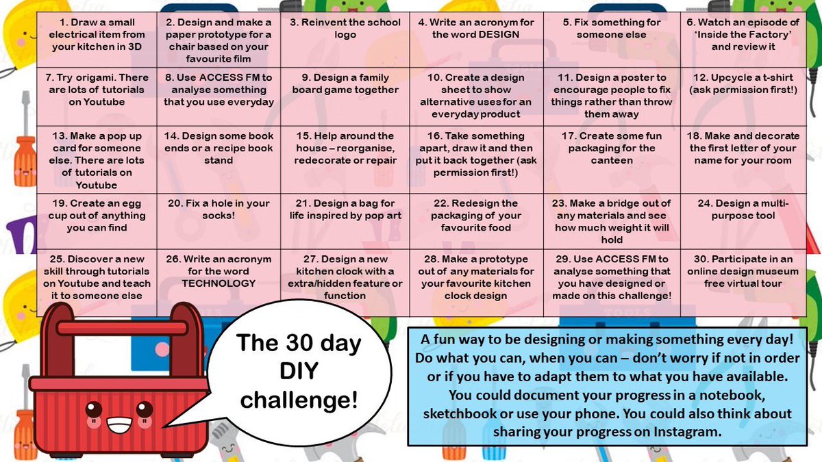MA_DESIGNTECH's tweet photo. If anyone is struggling with things to do over the Easter Hidays have a go at the KS3 30 days DIY challenge and send me your pics #MondayMotivation  #SendMeYourPics @VenturersTrust @ma_teaching @MerchantsAc https://t.co/zEvMYqQZn0