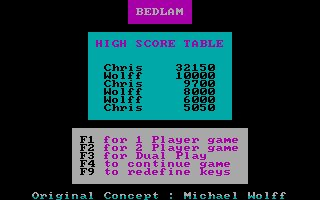 34. BedlamShoot’em-up de naves con scroll vertical, donde las versiones de ZX Spectrum and C64 son algo mejores.No recuerdo si lo jugué en B/N, en verde fósforo, o en paleta CGA...