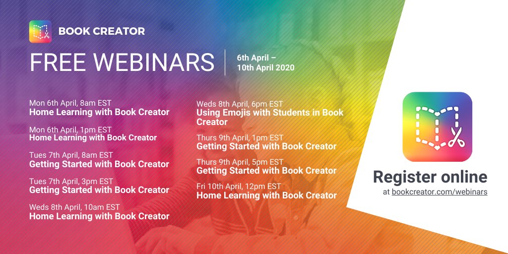 BookCreatorApp's tweet image. Here's this week's schedule of webinars, kicking off in an hour from now with 'Home Learning with Book Creator'.

Register at bookcreator.com/webinars