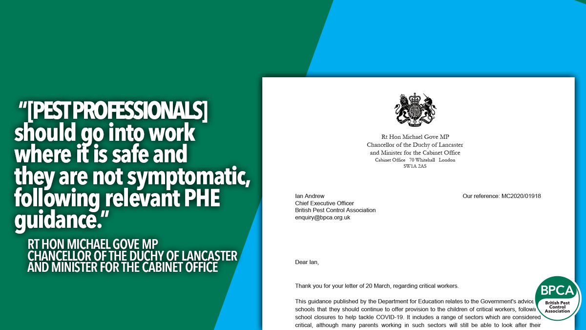 Today BPCA received confirmation from <a href="/michaelgove/">Michael Gove</a> that pest professionals can continue to go to work if it's safe. ✅ Read: ow.ly/GUcs50z6c1H #PestManagement #PestControl #KeyWorkers #Covid19